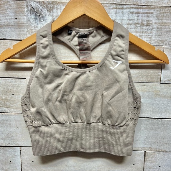 Gymshark Energy Sports Bra Beige Small Racerback‎ Stretch Pullover Logo - Picture 1 of 7